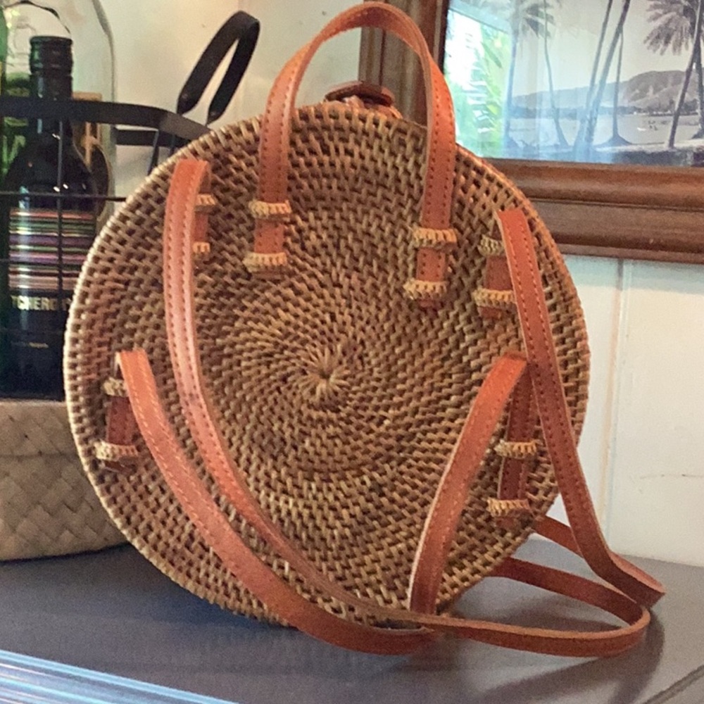Round Woven Backpack Bag with Leather Trim in Tan